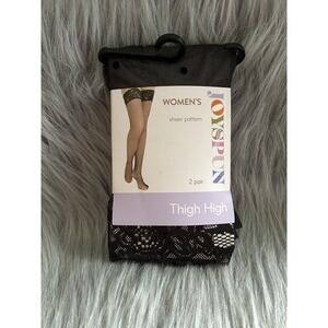 Joyspun Tights Women's Dot And Sheer Black Thigh Highs 2 Pair Floral Lace Tops